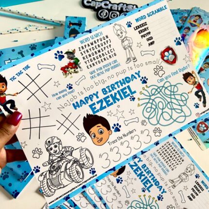 paw patrol third birthday activity sheets, tablemat, activity placemat, activity sheet, ryder, 3 year old
