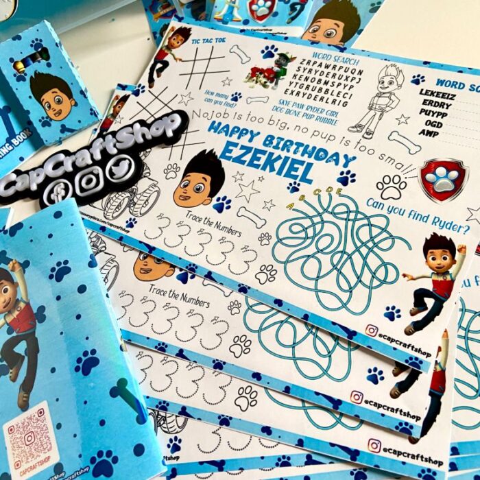 paw patrol third birthday activity sheets, tablemat, activity placemat, activity sheet, ryder, 3 year old