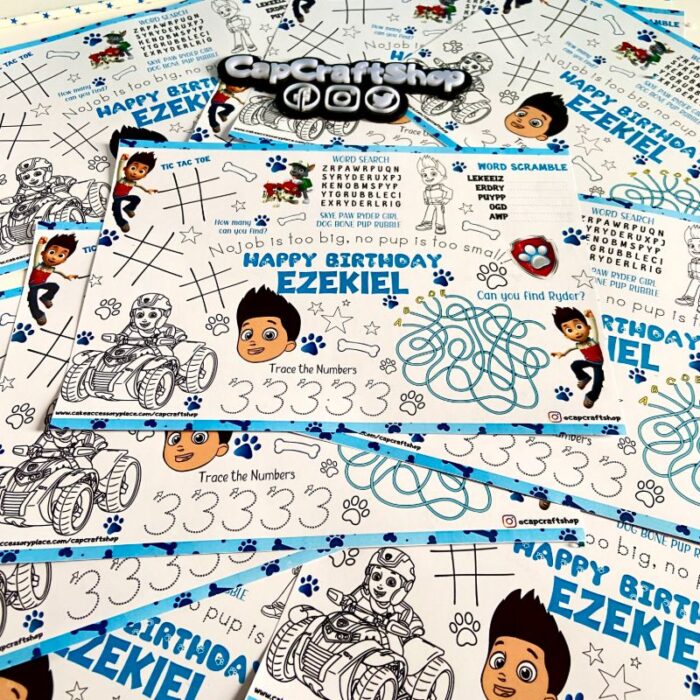 paw patrol third birthday activity sheets, tablemat, activity placemat, activity sheet, ryder, 3 year old