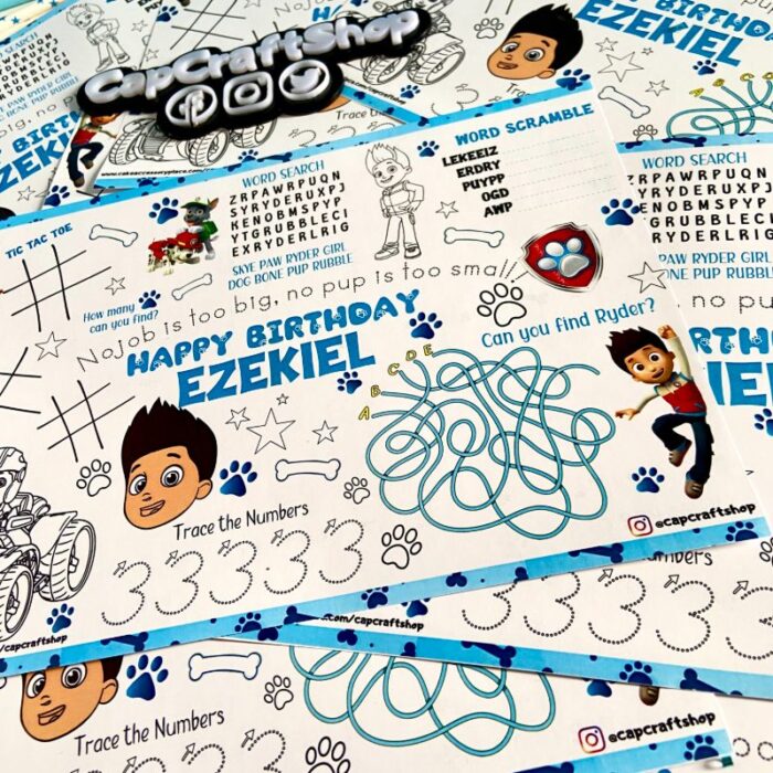 paw patrol third birthday activity sheets, tablemat, activity placemat, activity sheet, ryder, 3 year old