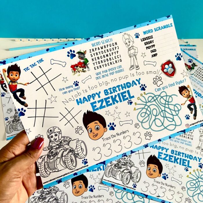 paw patrol third birthday activity sheets, tablemat, activity placemat, activity sheet, ryder, 3 year old