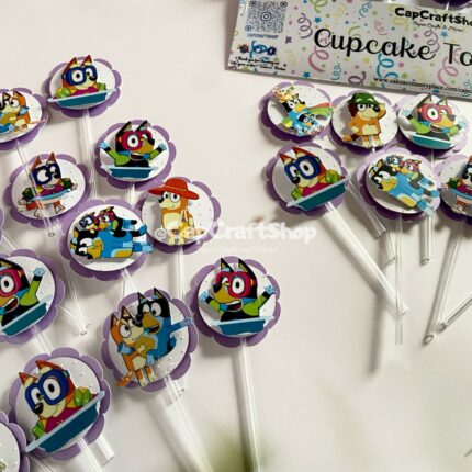 Bluey Dog Cupcake Toppers, Pastel Colors Blue Dog Party Decoration , Bluey Birthday, Blue Dog Theme Party, Blue First Birthday, Blue Heeler, Blue Dog Daisy Cupcake Toppers, Blue Dog Rainbow Daisy Pink Girl Party Cupcake Toppers