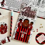 Custom Football Ac milan birthday Activity brochure, activity brochure, football trifold brochure, CapCraftShop Party Box favor, Welch treats, Chivita Juice Box, Chpa Chups Lollipop, Chocolate Bar, Coloring Activity Sheet, Crayons