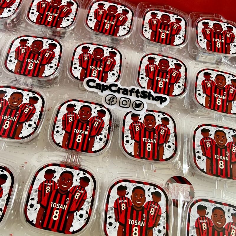 Custom Football Ac milan birthday Activity brochure, activity brochure, football trifold brochure, CapCraftShop Party Box favor, Welch treats, Chivita Juice Box, Chpa Chups Lollipop, Chocolate Bar, Coloring Activity Sheet, Crayons
