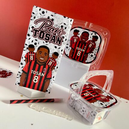 Custom Football Ac milan birthday Activity brochure, activity brochure, football trifold brochure, CapCraftShop Party Box favor, Welch treats, Chivita Juice Box, Chpa Chups Lollipop, Chocolate Bar, Coloring Activity Sheet, Crayons