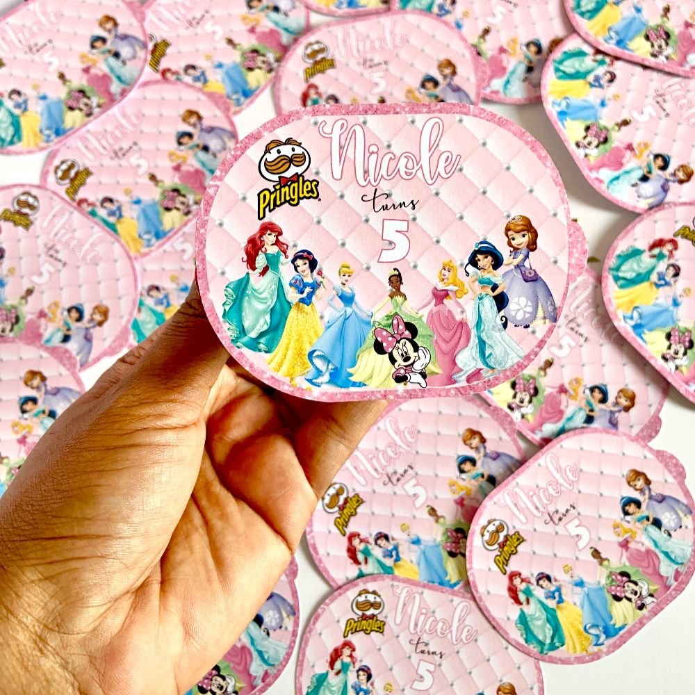 CapCraftShop Customized Disney Princesses Minnie Themed Party favors, cake topper, activity placemats, crayon, sticker sheets, shaker cake topper, 3d gable boxes (3) Pringles Custom CapCraftShop Snack Stack Chip 0.67oz 19g Favor Bag DIY