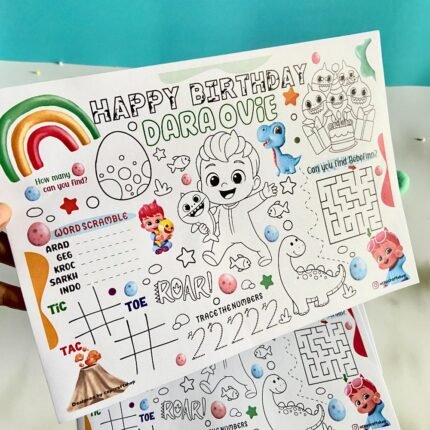 cocomelon bebefinn dinosaur Darasimi Customized activity placemats, crayon, sticker sheets, shaker cake topper,