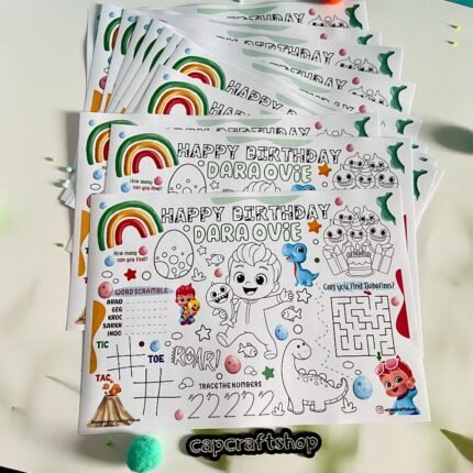 cocomelon bebefinn dinosaur Darasimi Customized activity placemats, crayon, sticker sheets, shaker cake topper,