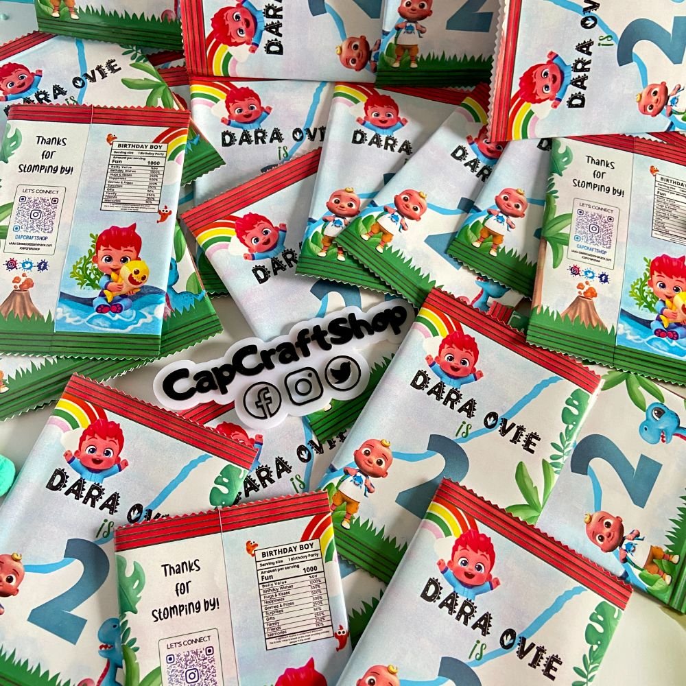Capcraftshop Custom Bebefinn Cocomelon Dinosaur Cake topper, sticker hseets, coloring books, chip bags, activity sheet (5) Cocomelon/Bebefinn/Dinosaur Empty Themed Chip Bags - Image 1